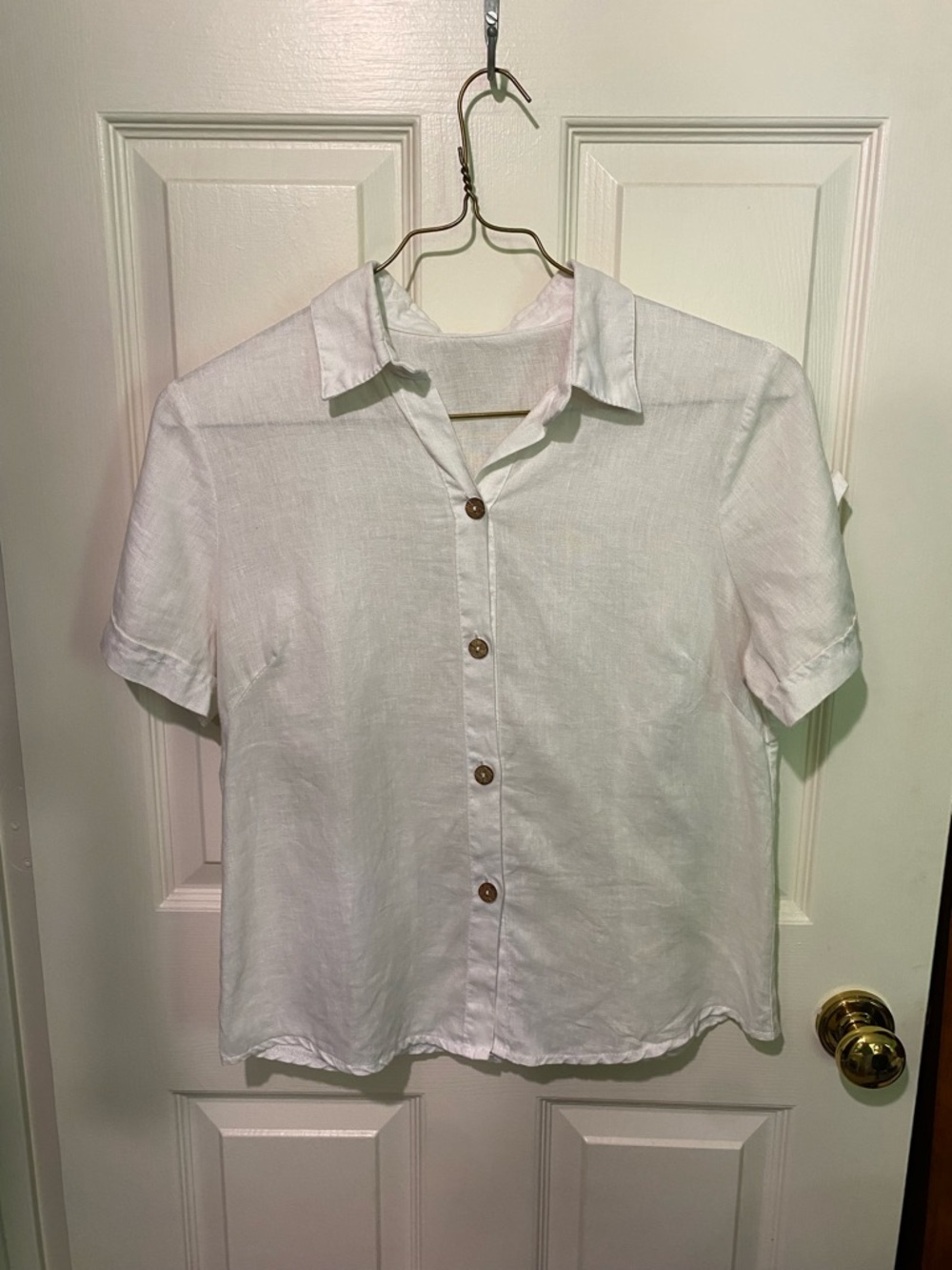 Classic White Short-Sleeve Button-Up 100% Linen Top